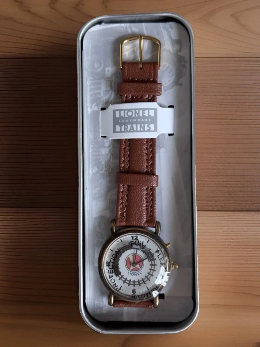 LIONEL TRAIN Watch NEW 1998 Train Whistle Sounds Brown Leather Wristwatch w/Tin